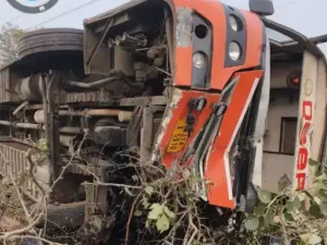 MP ASHTA NEWS : आष्टा के पास इंडौर-भोपाल हाईवे पर बस पलटी, गाय बचाने में चालक ने लिया रिस्क, 1 यात्री घायल अन्य सुरक्षित