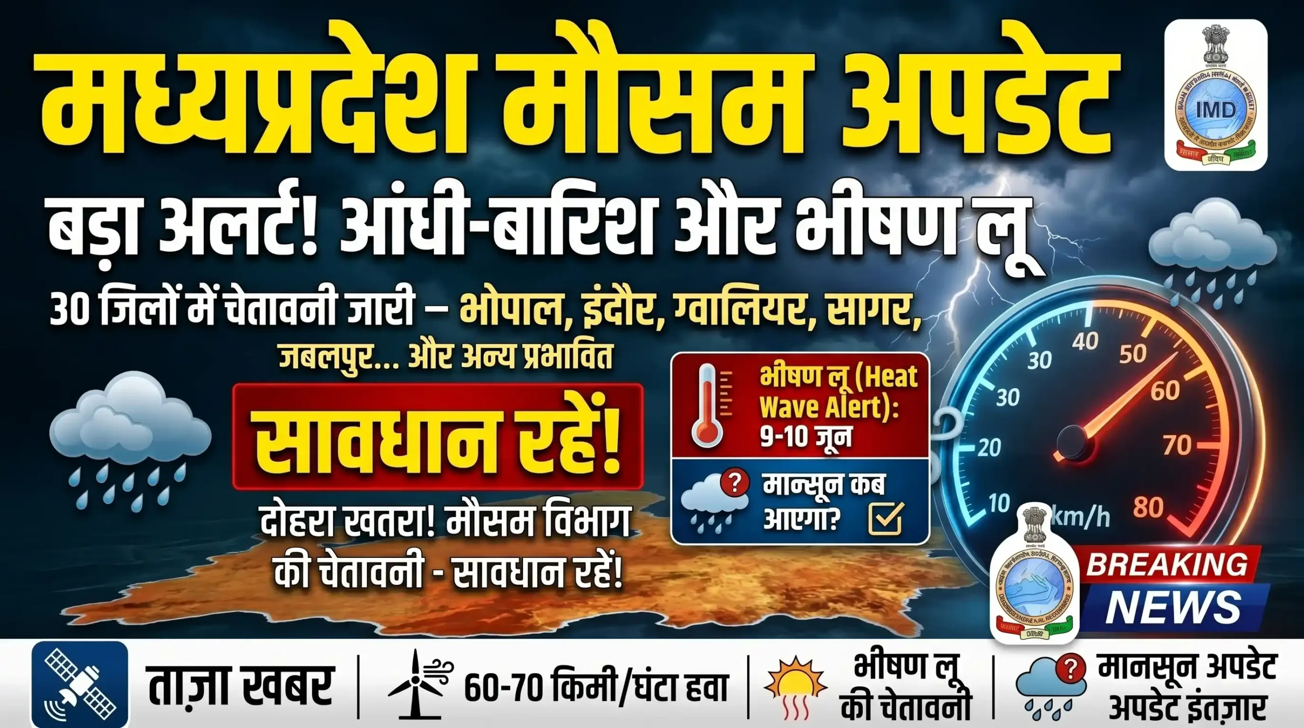 मध्य प्रदेश मौसम पर अपडेट : मध्य प्रदेश में 30 जिलों में बारिश-आंधी का अलर्ट. 9-10 जून को लू का प्रकोप, मानसून कब दस्तक देगा.